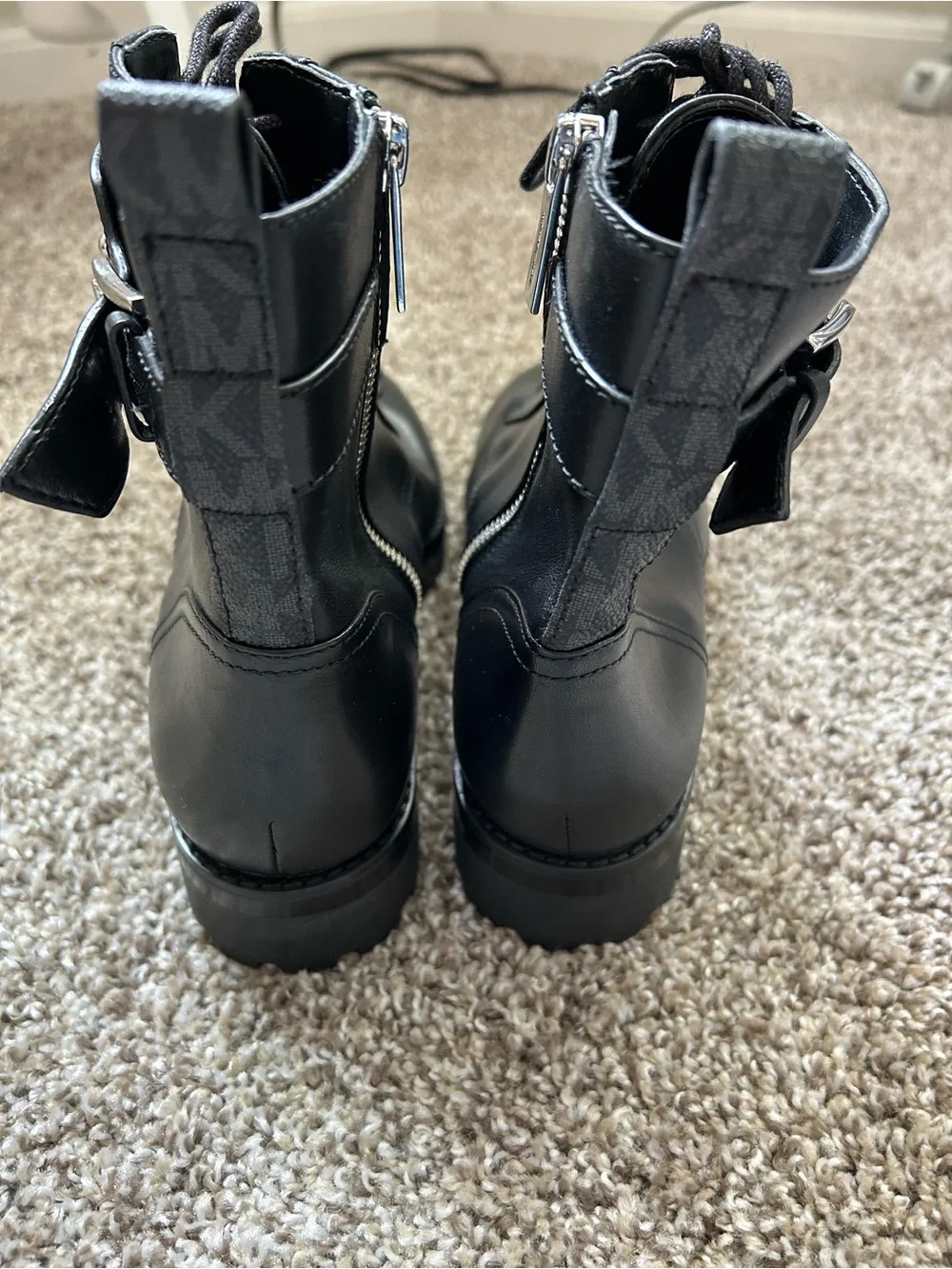 Michael Kors Black Leather Lace-Up Combat Boots with Silver MK Accent